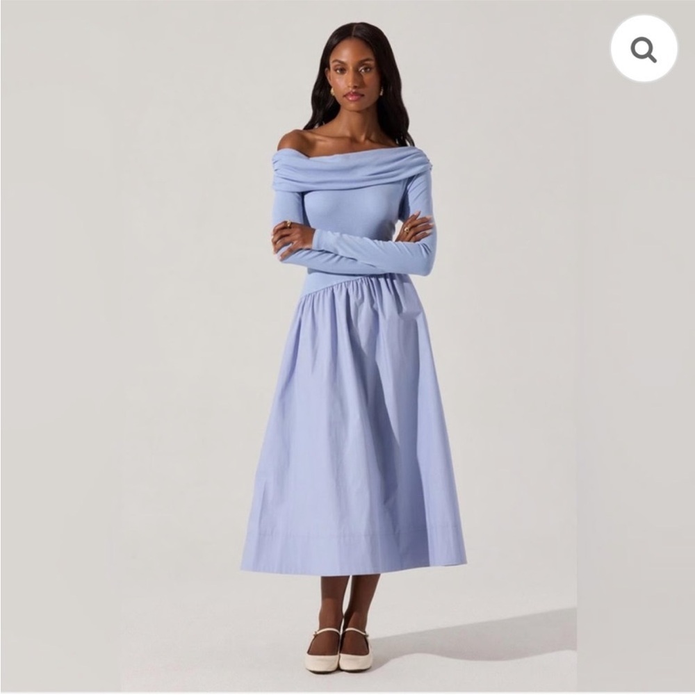 ASTR The Label Mixed Media Off The Shoulder Dress | Blue | Medium